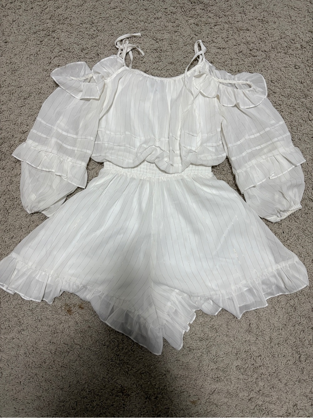 Vero Moda White Cold-Shoulder Ruffle Romper with Smocked Waist